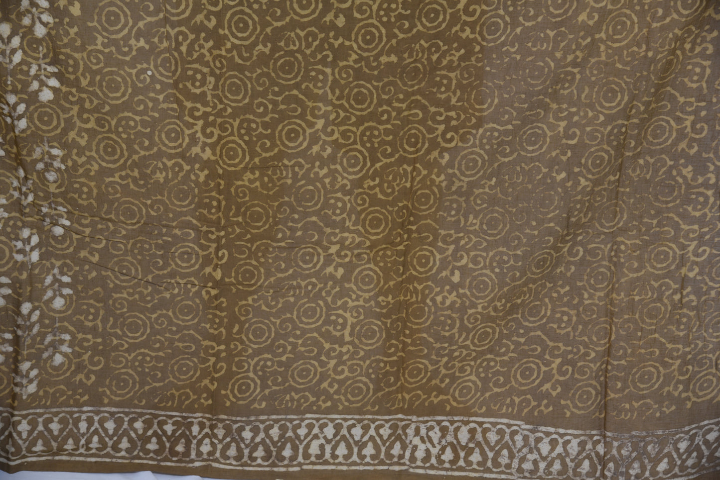 Muted Earthy khaki Hand Block Print Pure Mulmul Cotton Saree with running blouse