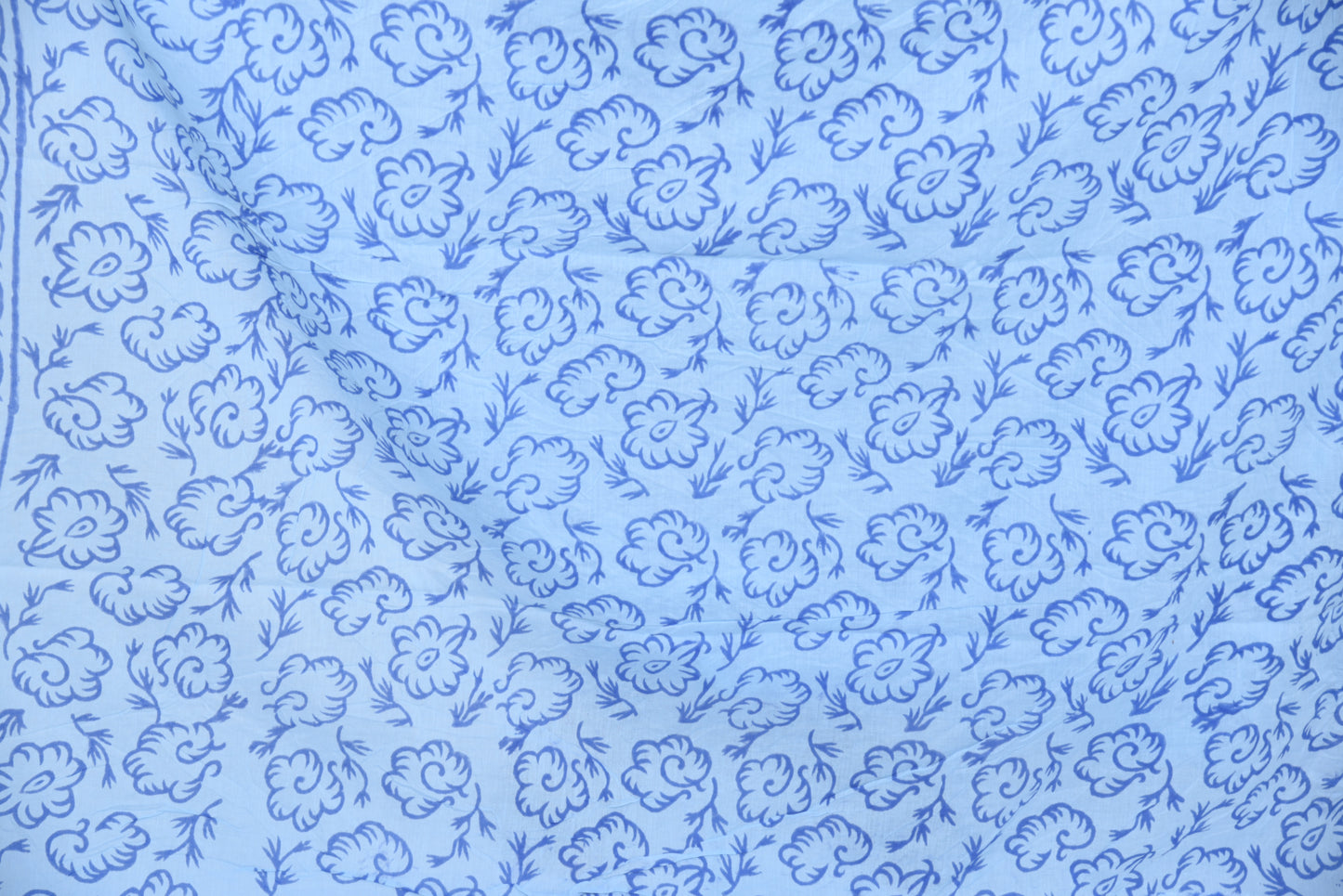 Soft Powder Blue with Indigo Blue Hand Block Print Mulmul Cotton Saree with running blouse