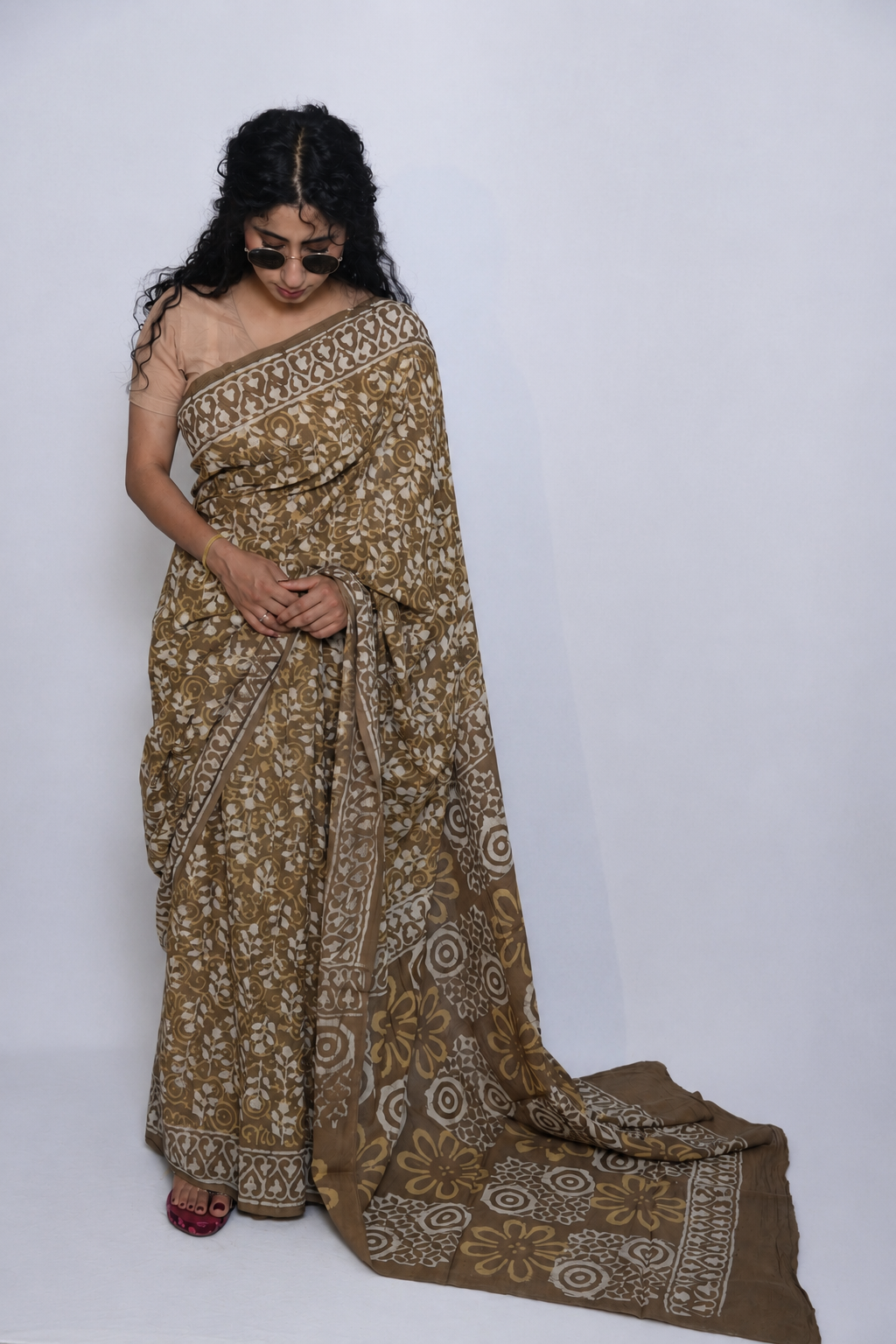 Muted Earthy khaki Hand Block Print Pure Mulmul Cotton Saree with running blouse