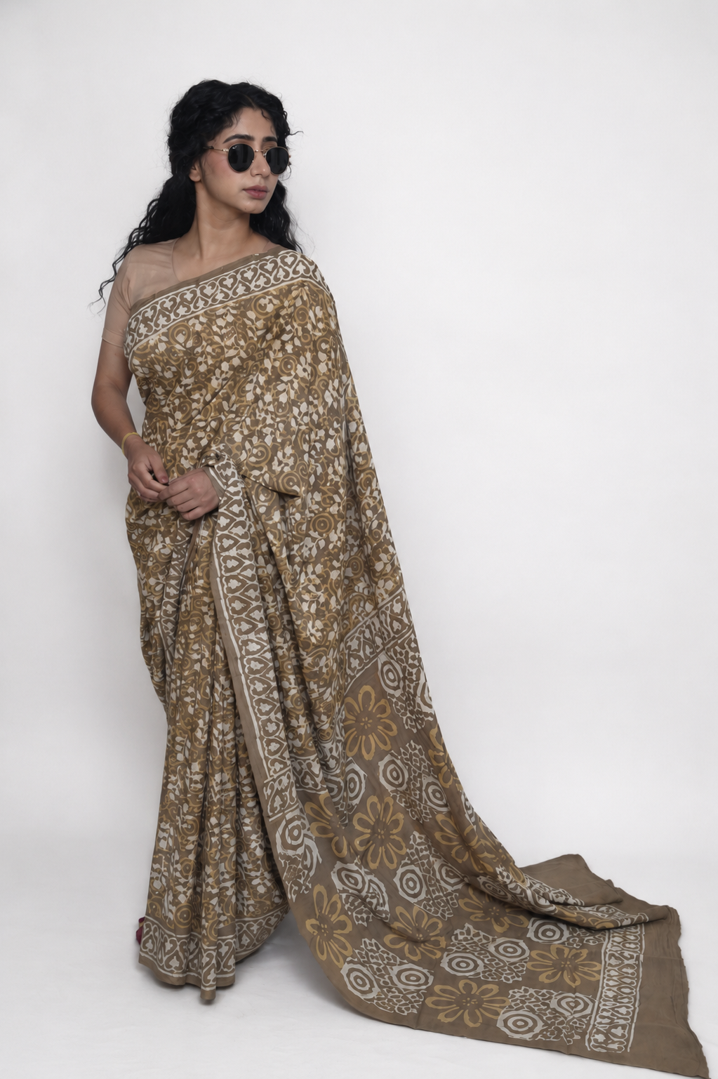 Muted Earthy khaki Hand Block Print Pure Mulmul Cotton Saree with running blouse