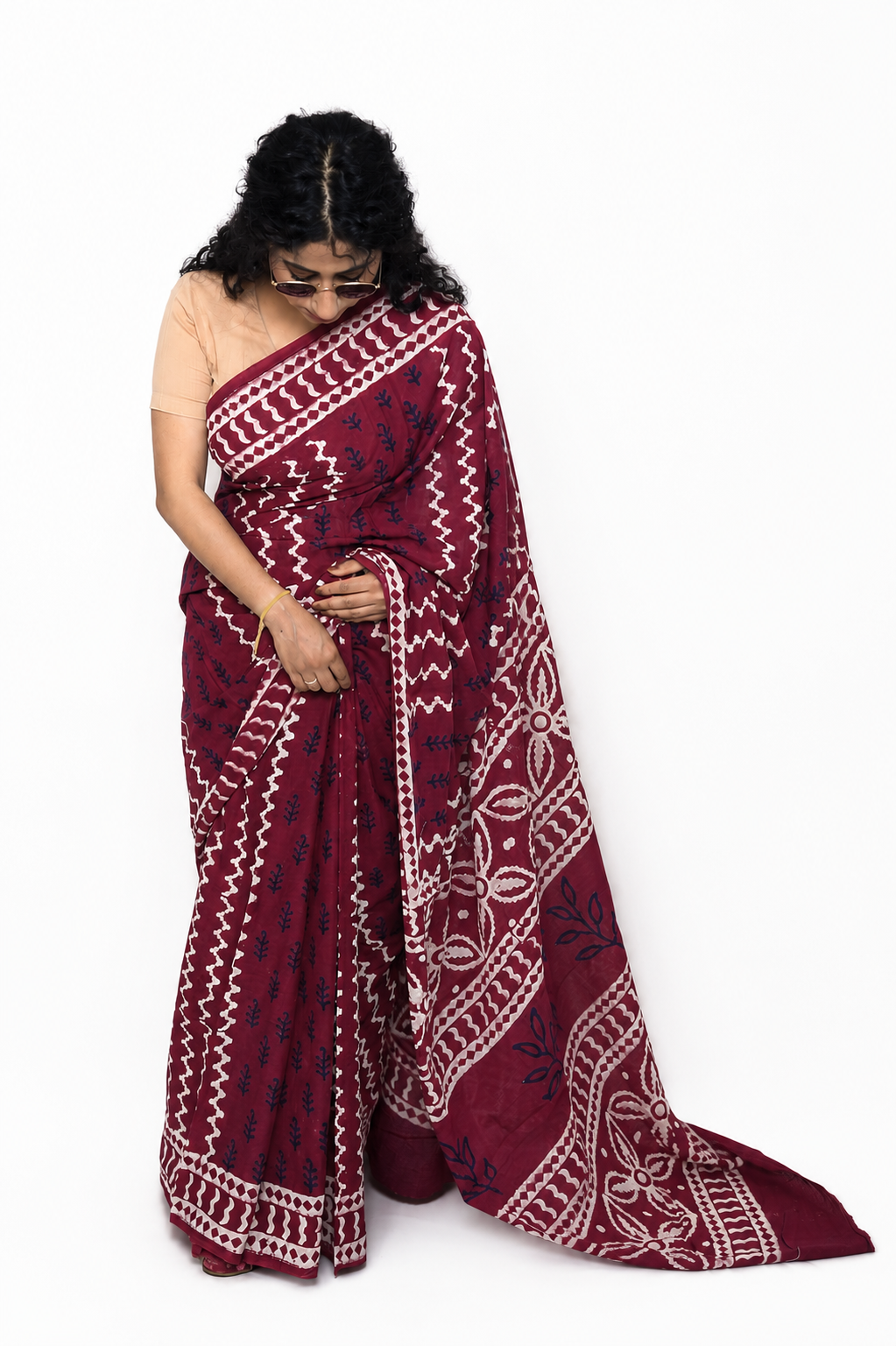 Maroon Hand Block Print Pure Mulmul Cotton Saree with running blouse