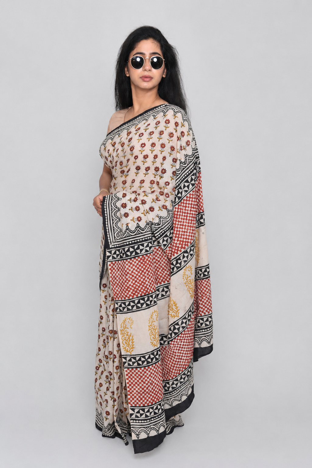 Pure Hand Block Print Cotton Saree with blouse