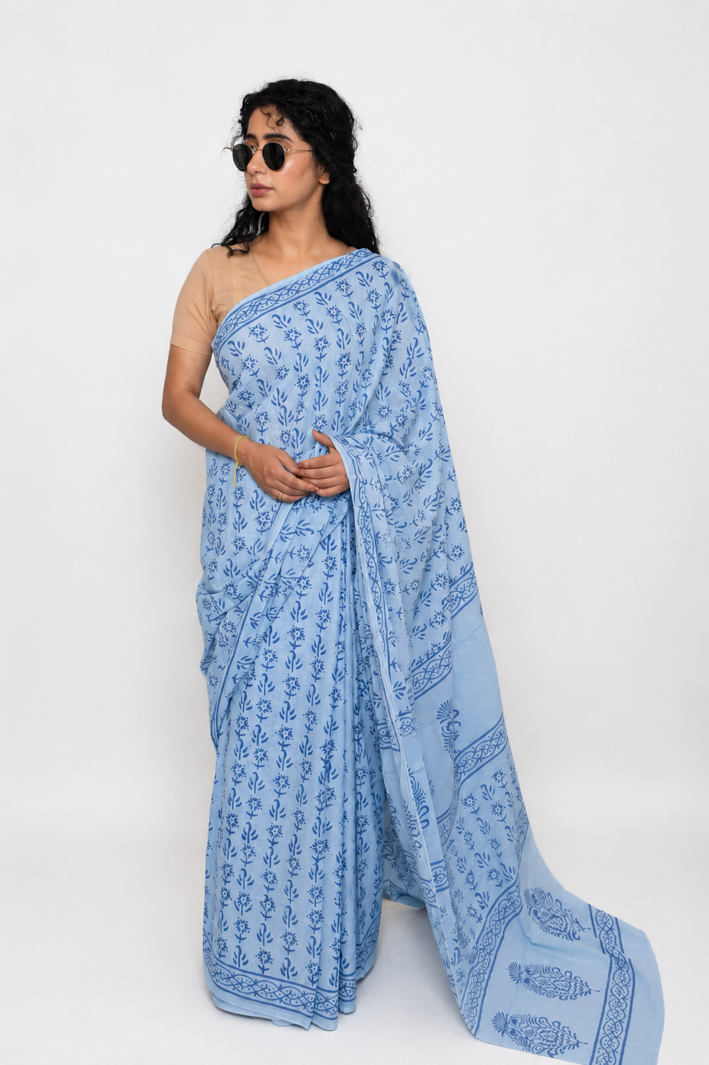 Soft Powder Blue with Indigo Blue Hand Block Print Mulmul Cotton Saree with running blouse