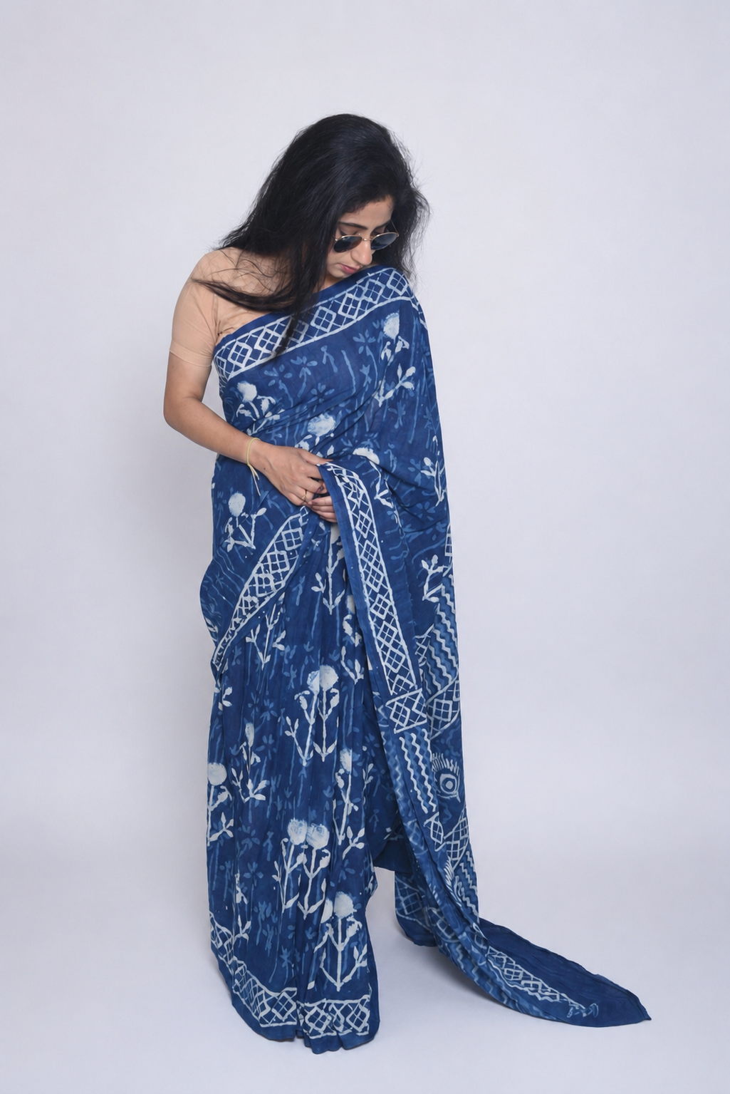 Hand Block Print Pure Mul Cotton Saree with blouse