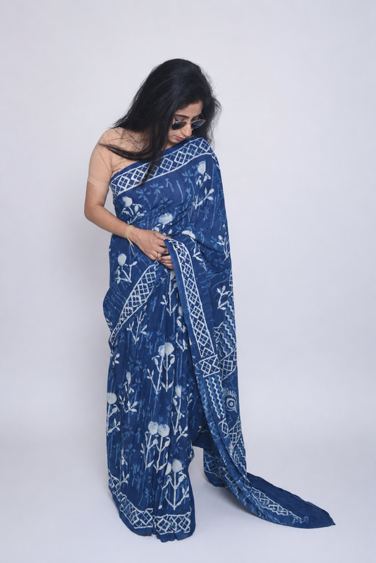 Blue Hand Block Print Pure Mulmul Cotton Saree with running blouse