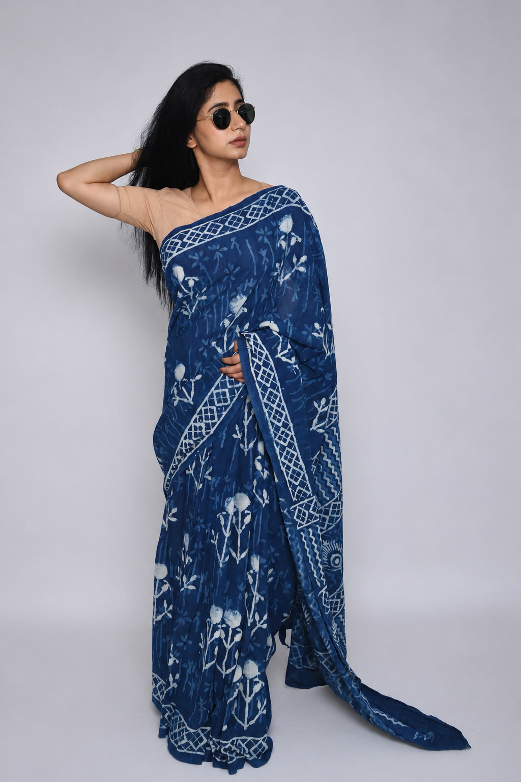Hand Block Print Pure Mul Cotton Saree with blouse