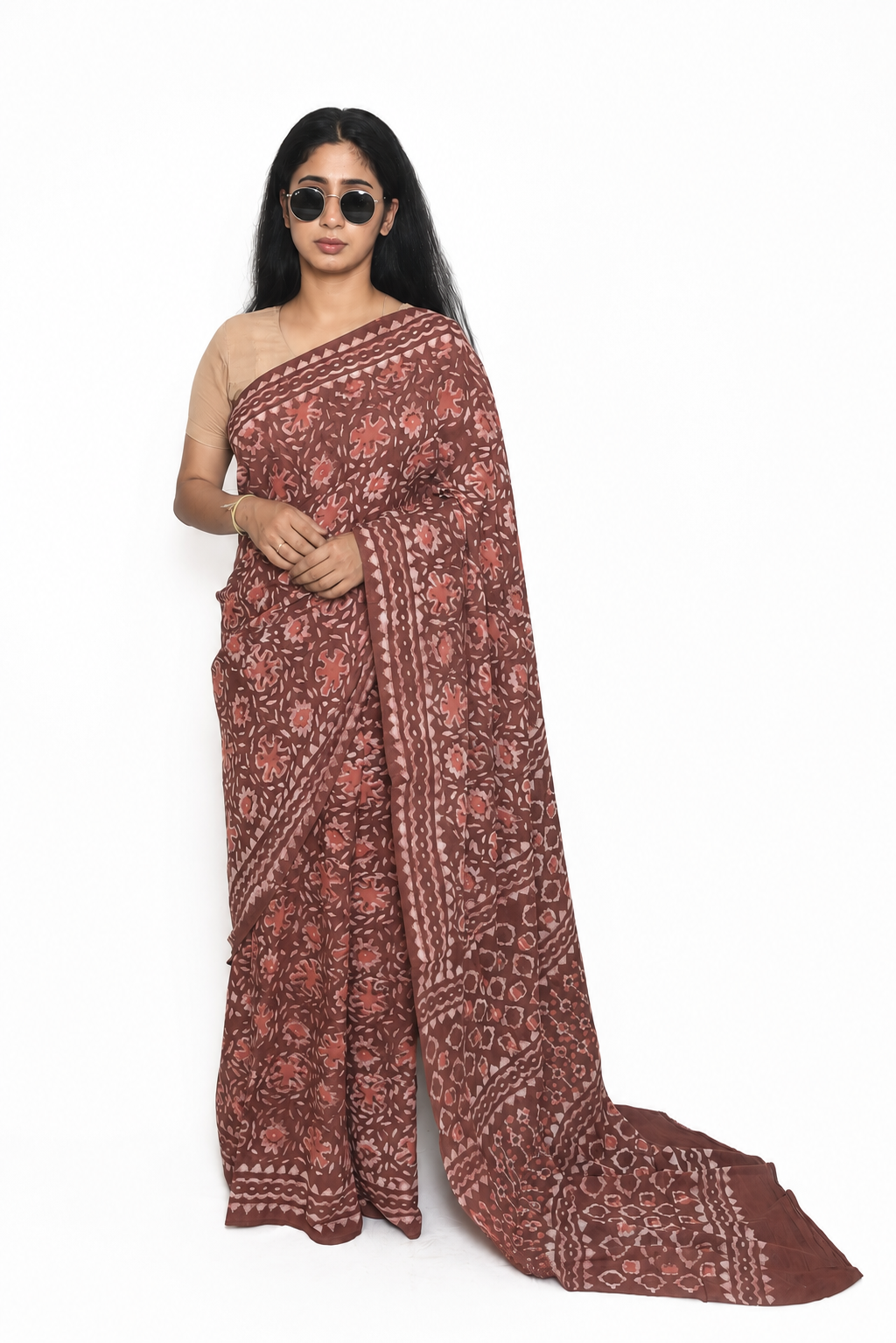 Hand Block Print Pure Mul Cotton Saree with blouse