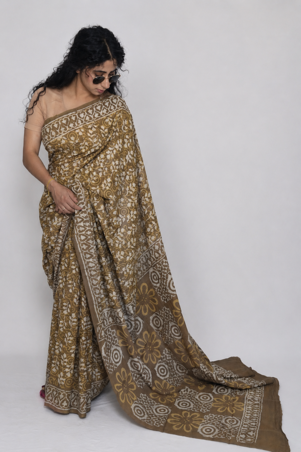 Muted Earthy khaki Hand Block Print Pure Mulmul Cotton Saree with running blouse