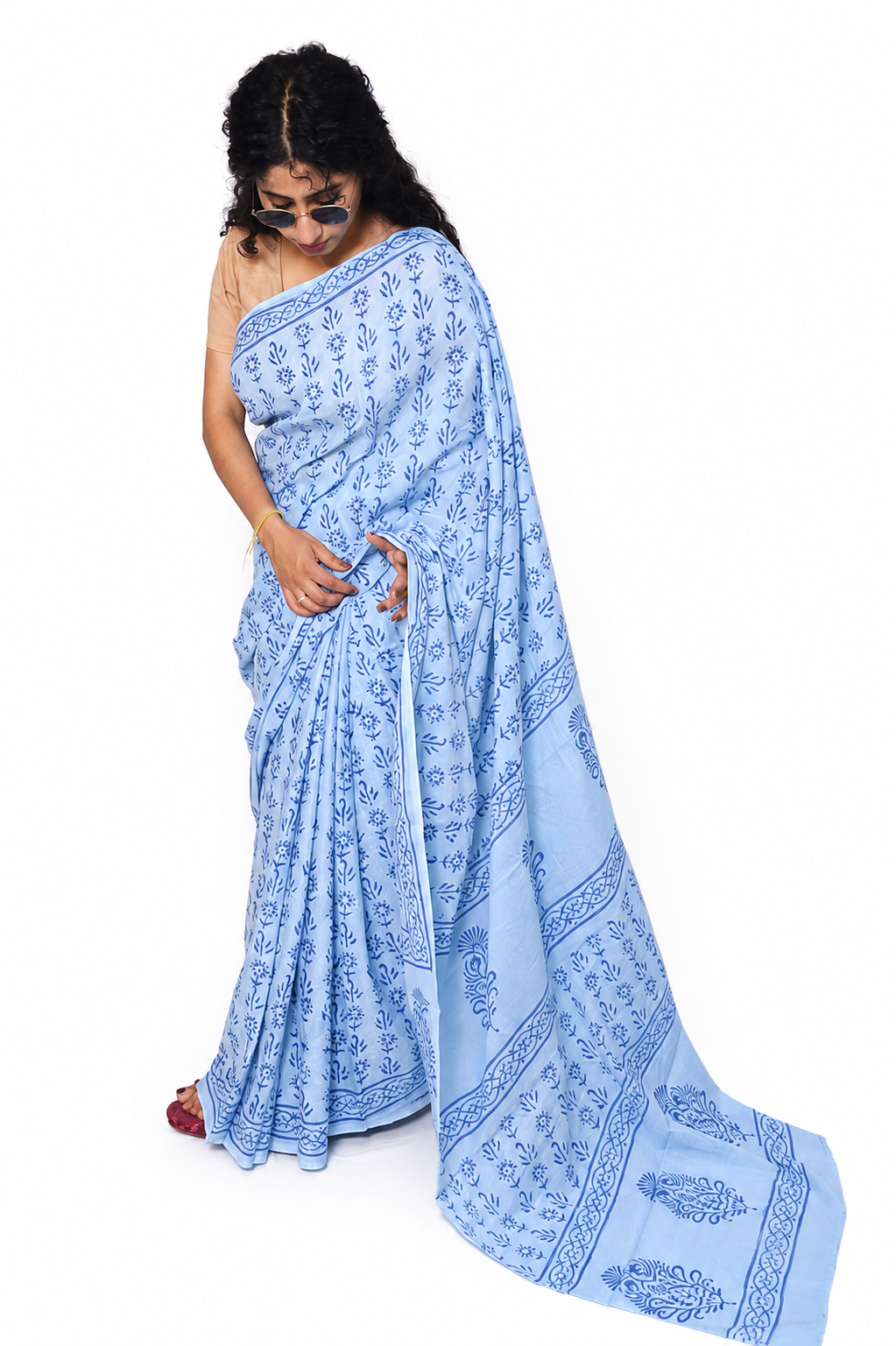 Soft Powder Blue with Indigo Blue Hand Block Print Mulmul Cotton Saree with running blouse