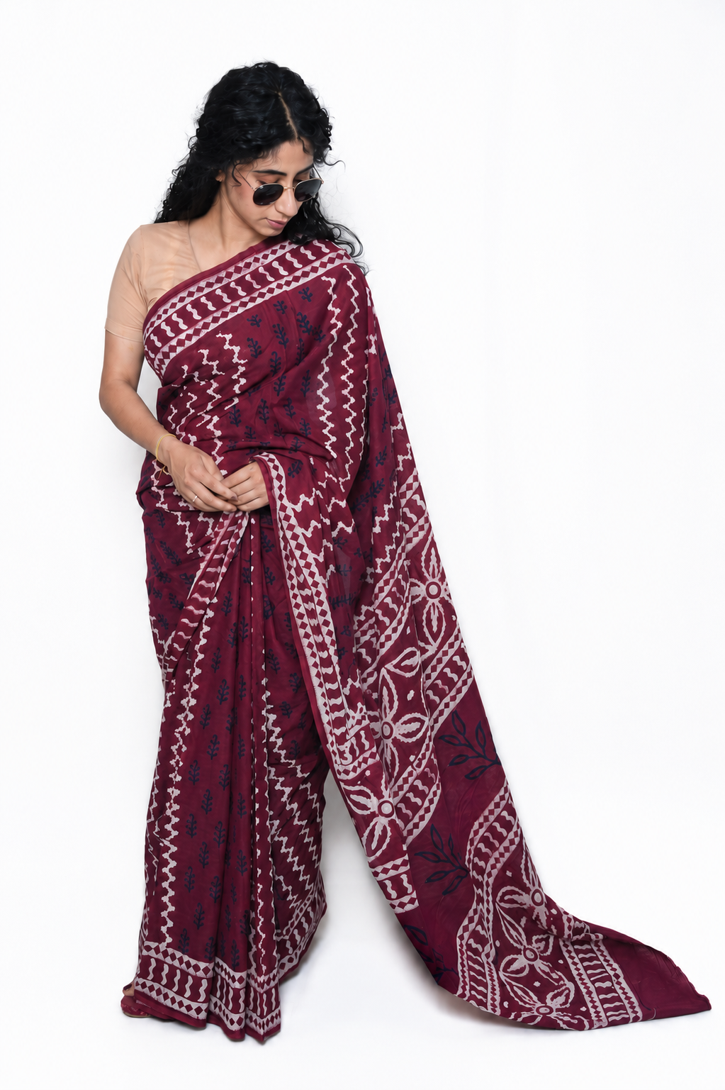 Maroon Hand Block Print Pure Mulmul Cotton Saree with running blouse