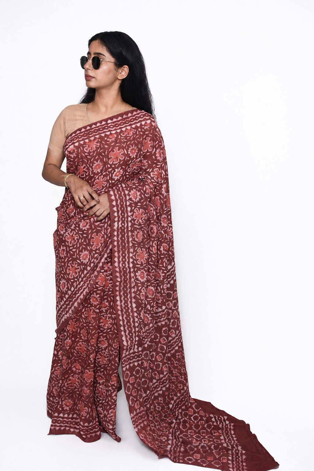 Hand Block Print Pure Mul Cotton Saree with blouse