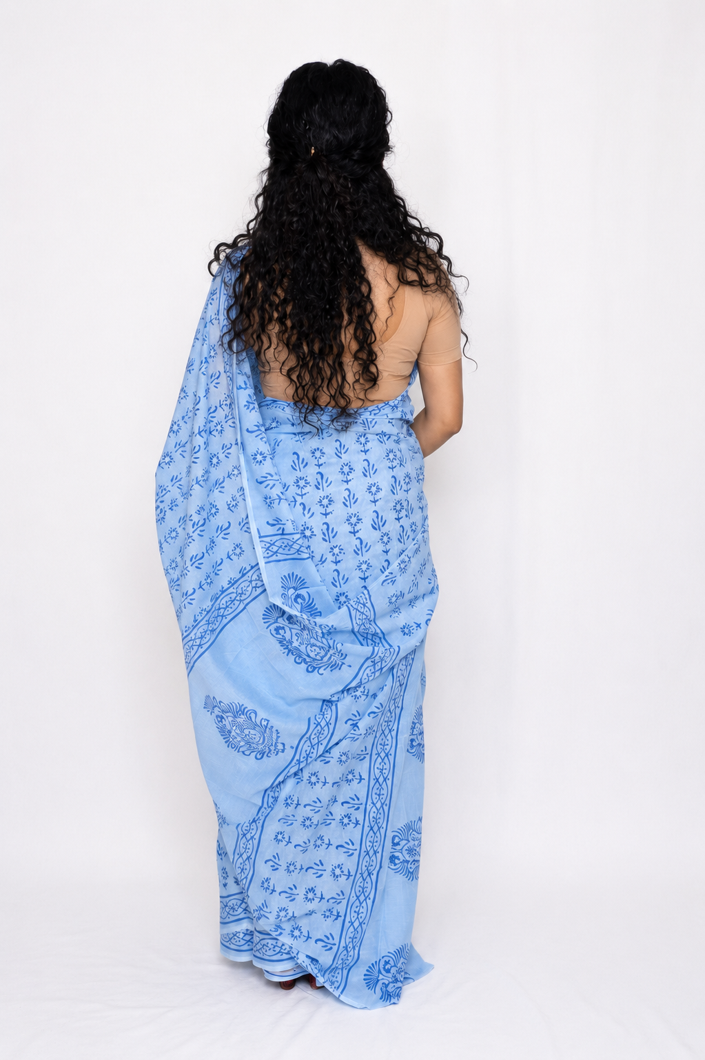 Soft Powder Blue with Indigo Blue Hand Block Print Mulmul Cotton Saree with running blouse