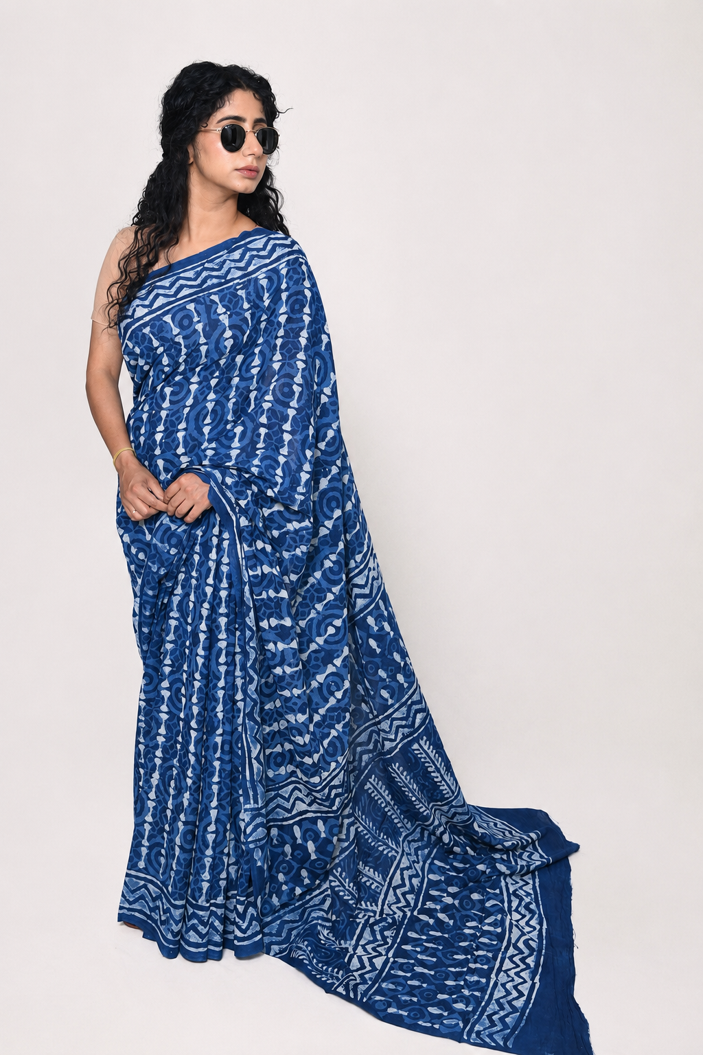 Navy Blue Hand Block Print Pure Mulmul Cotton Saree with running blouse