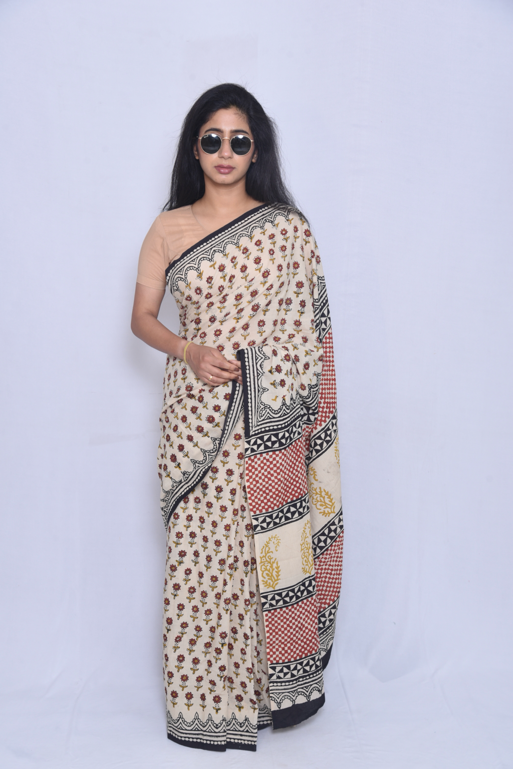 Pure Hand Block Print Cotton Saree with blouse