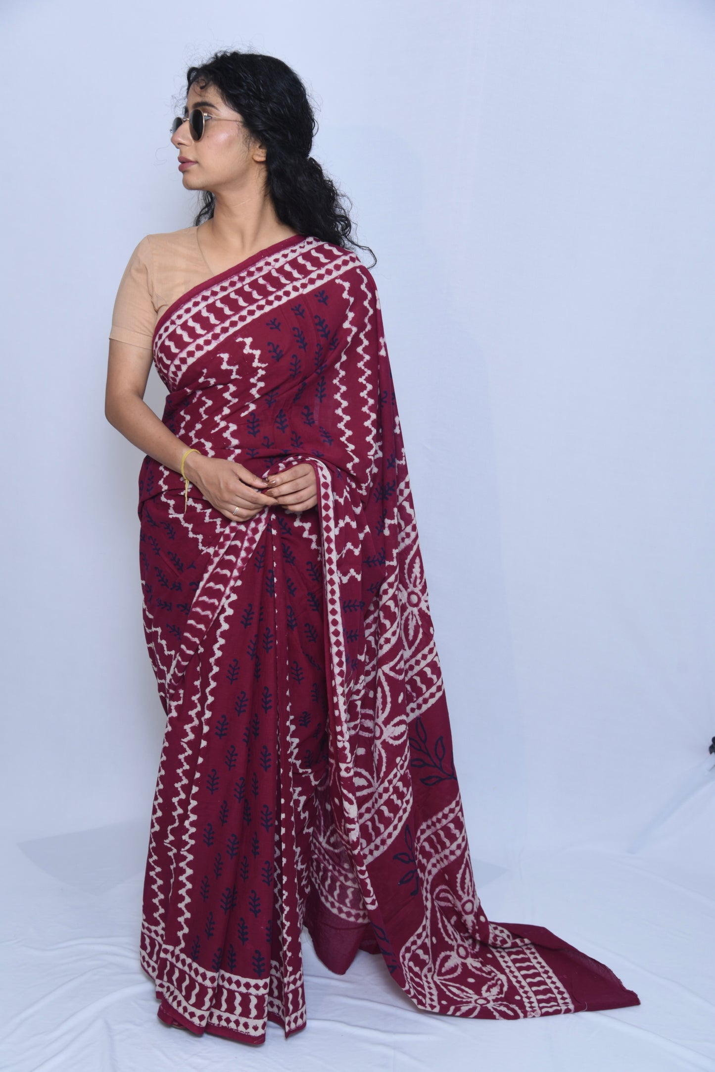 Maroon Hand Block Print Pure Mulmul Cotton Saree with running blouse