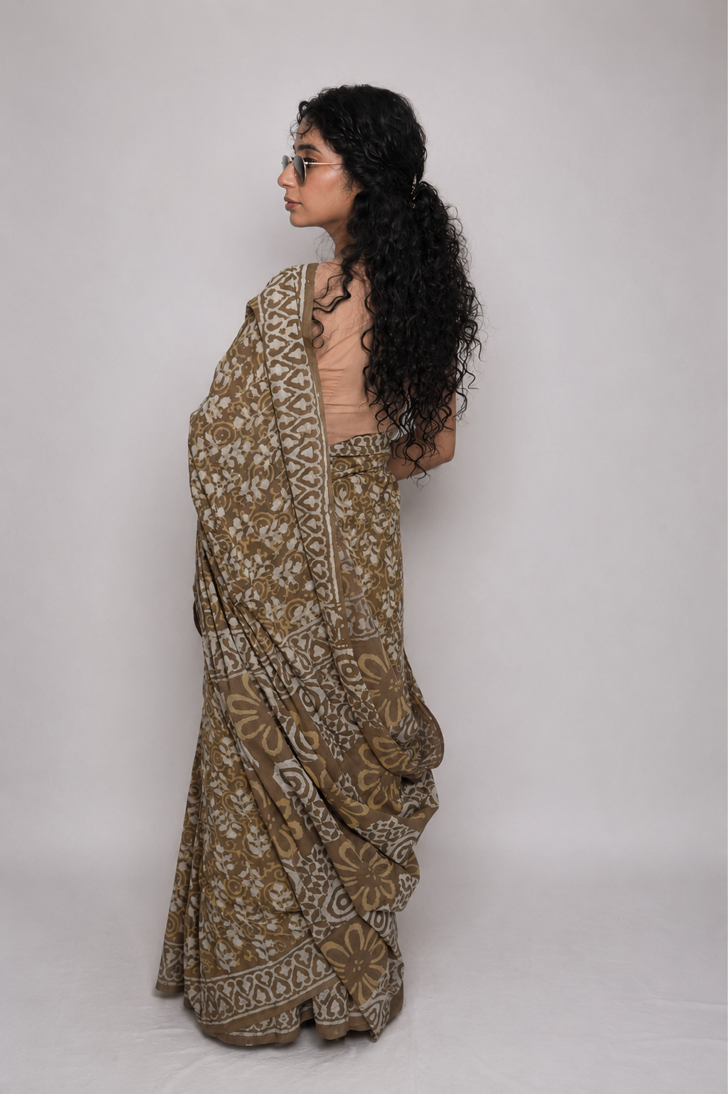 Muted Earthy khaki Hand Block Print Pure Mulmul Cotton Saree with running blouse