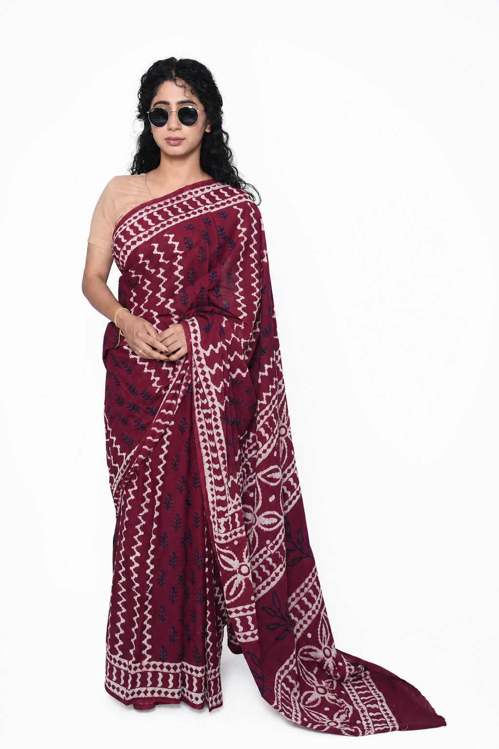 Maroon Hand Block Print Pure Mulmul Cotton Saree with running blouse