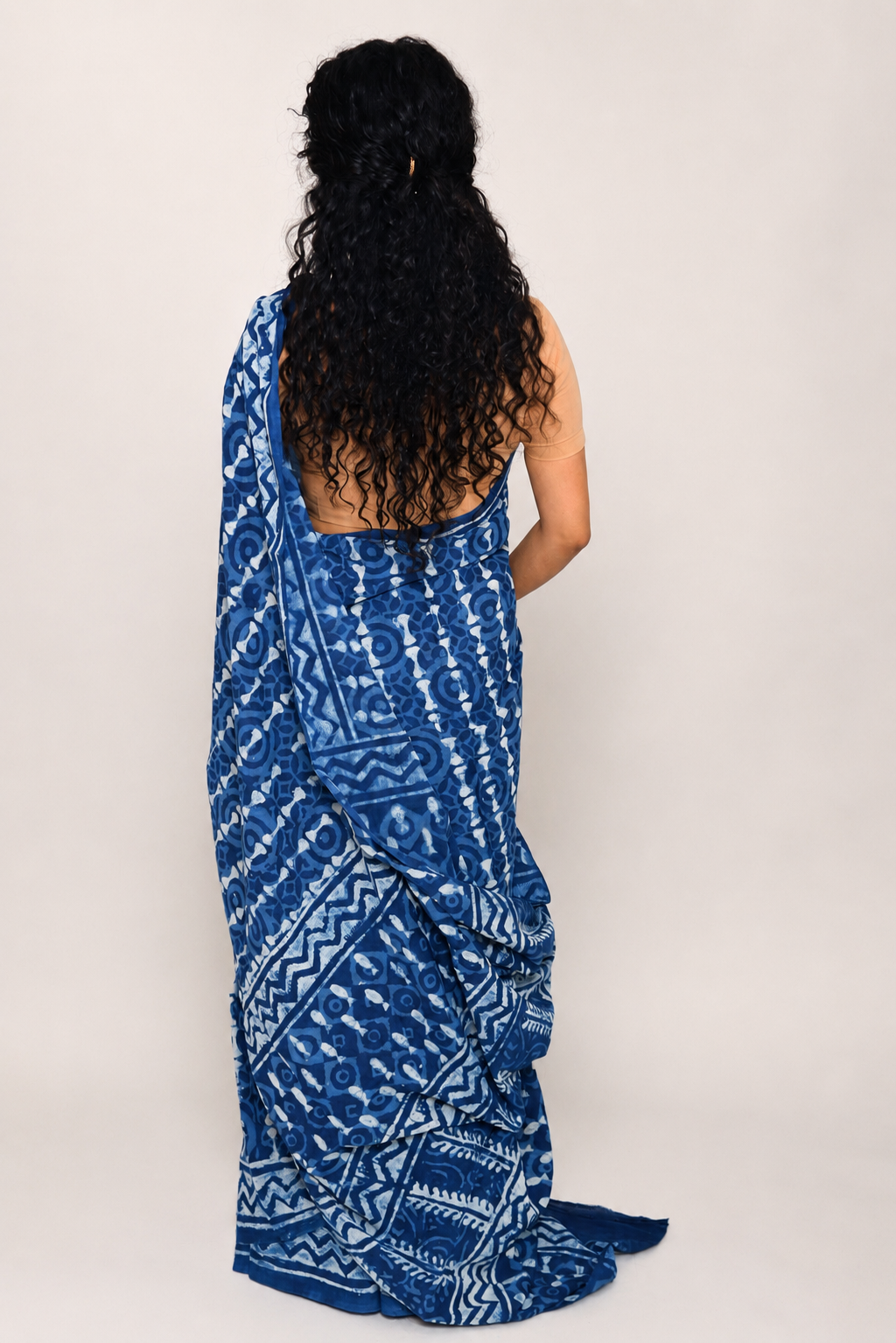 Navy Blue Hand Block Print Pure Mulmul Cotton Saree with running blouse