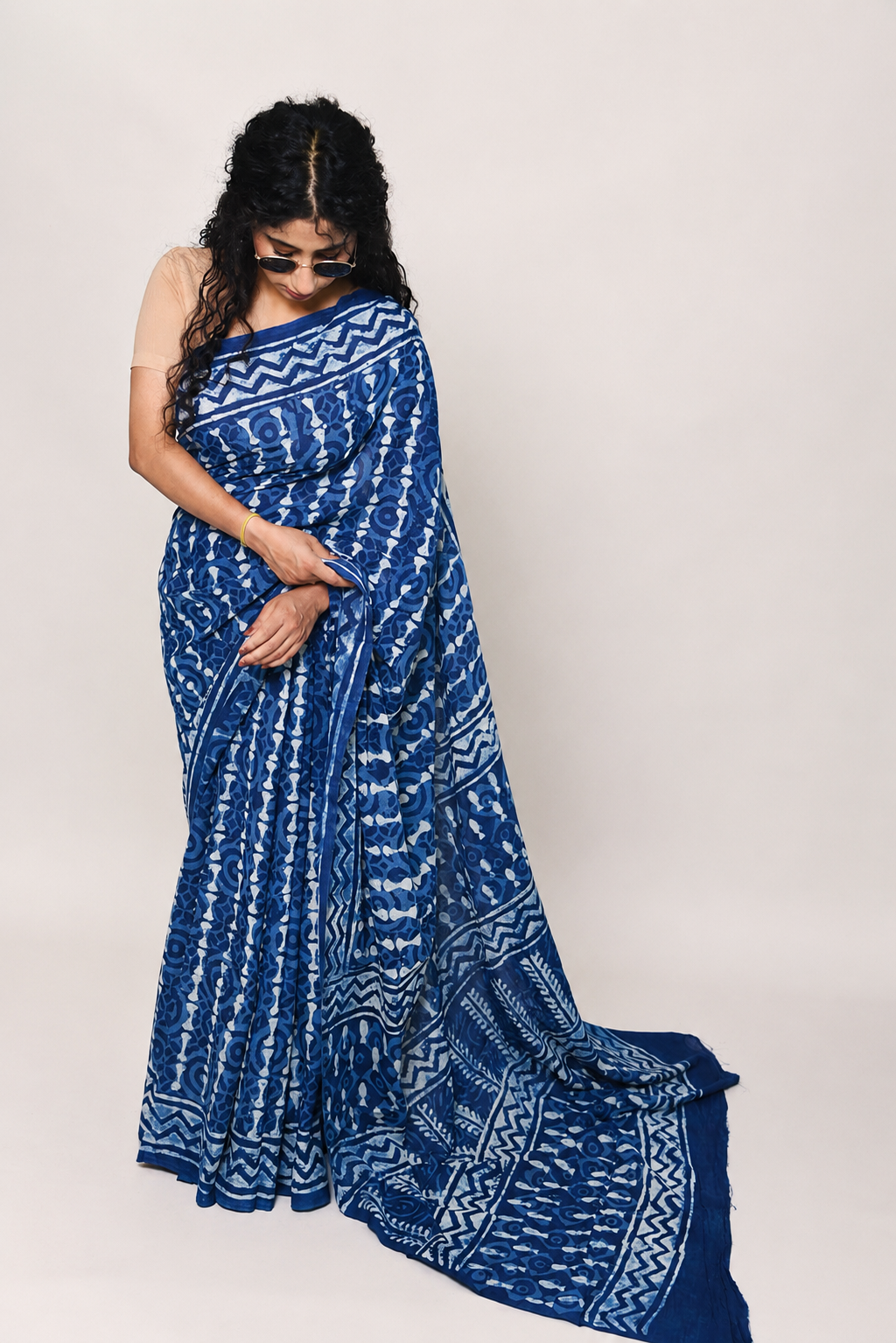 Navy Blue Hand Block Print Pure Mulmul Cotton Saree with running blouse